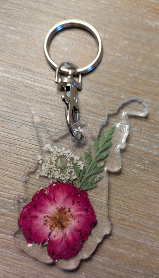 West Virginia Floral Keychain - Red Flower with White