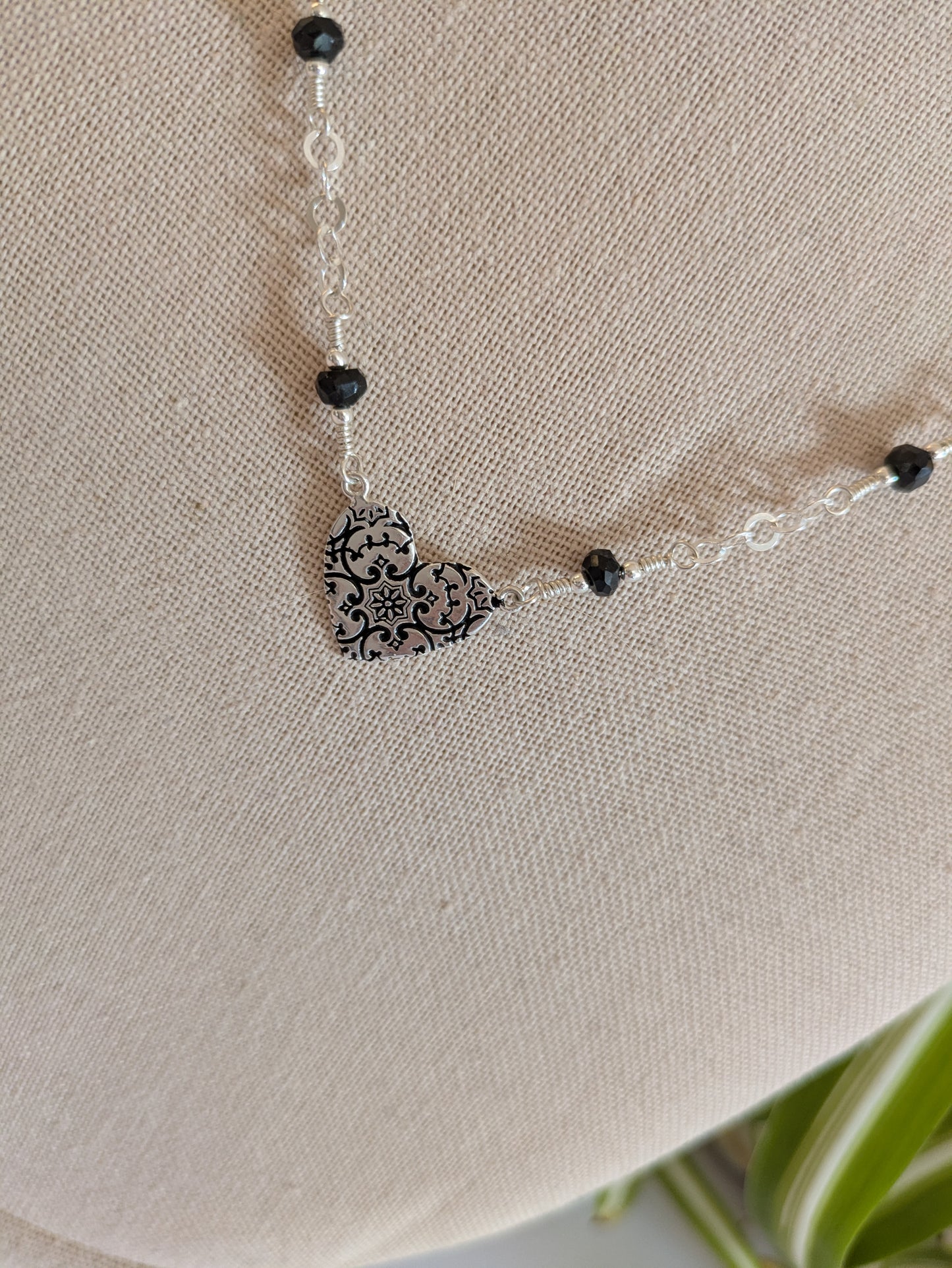 Black Onyx and Sterling Silver Heart Necklace