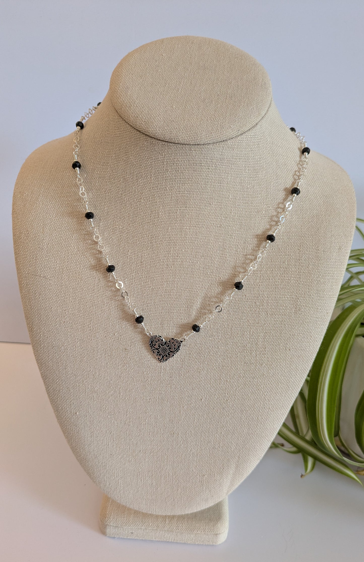 Black Onyx and Sterling Silver Heart Necklace