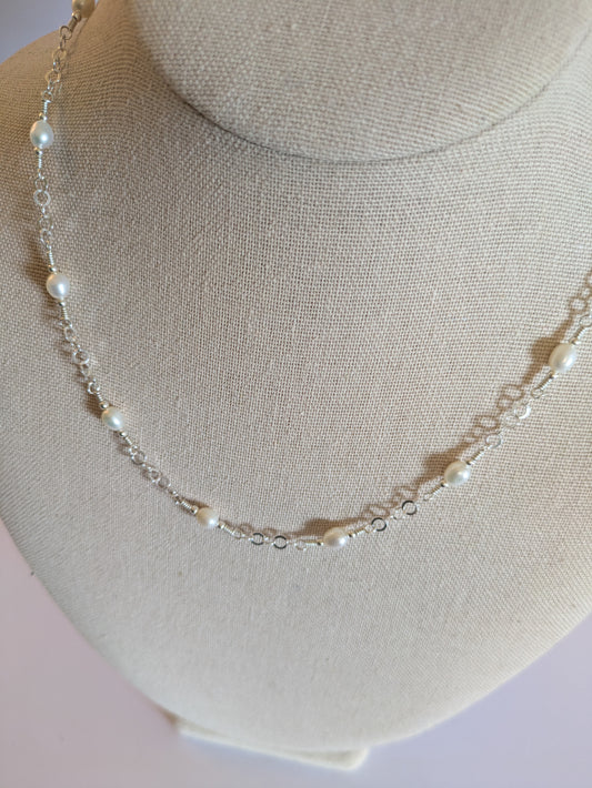 Hand-connected Sterling Silver & Pearl Necklace