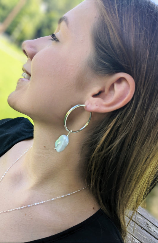 Baroque Pearl Drop Sterling Silver Hoop Earrings